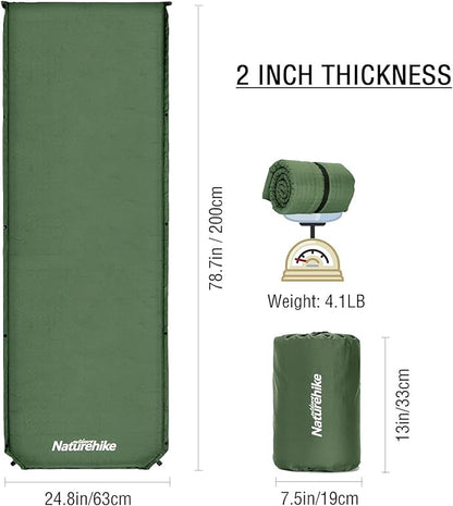 Naturehike Sleeping Pad, 2 inch Thick Self Inflating Sleeping Pad for Camping, Durable Camping Mattress Connectable with Multiple, Lightweight Sleeping Mats for Backpacking, Tent, Hammock, Hiking