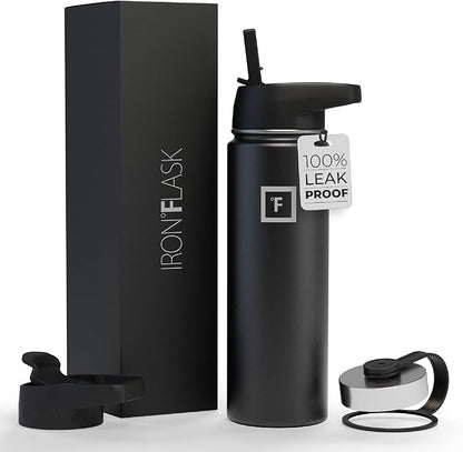 IRON °FLASK Camping & Hiking Hydration Flask, Wide Mouth, 3 Straw Lids, Stainless Steel Outdoor Water Bottle, Double Walled, Insulated Thermos, Metal Canteen - Midnight Black, 22 Oz