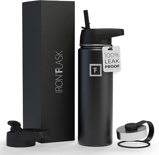 IRON °FLASK Camping & Hiking Hydration Flask, Wide Mouth, 3 Straw Lids, Stainless Steel Outdoor Water Bottle, Double Walled, Insulated Thermos, Metal Canteen - Midnight Black, 22 Oz