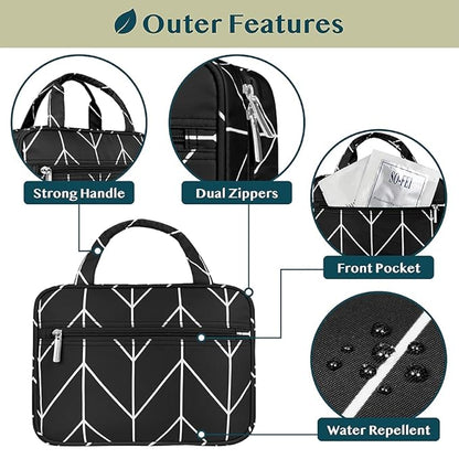 PAVILIA Hanging Toiletry Bag Travel Bag Women Men, Foldable Cosmetic Organizer, Roll up Makeup Bag, Water Resistant Accessories Toiletries, Large Travel Essentials Kit (Black Chevron)