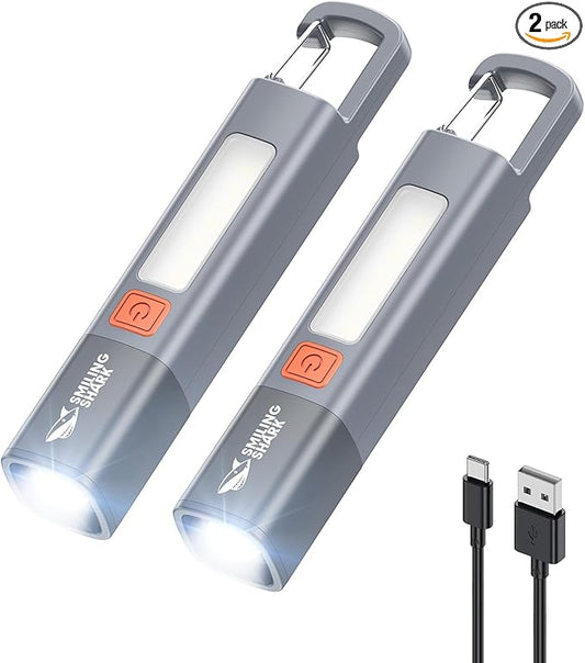 Smiling Shark LED Flashlight 2 Pack, G1 Flash Light Grey 3 Modes Zoomable Focus White Sidelight Waterproof Powerful Super Bright Torch Light Outdoor Emergency,Mini-Rechargeable-LED-Flashlight-Camping