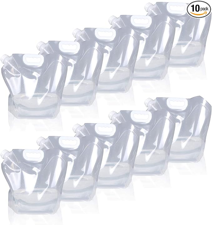 1.3 Gallon /2.6 Gallon Collapsible Water Container Bag, BPA Free Food Grade Clear Plastic Storage Jug for Sport Camping Riding Mountaineer,Freezable,Food Grade (1.3 Gal/5L-10-pack)
