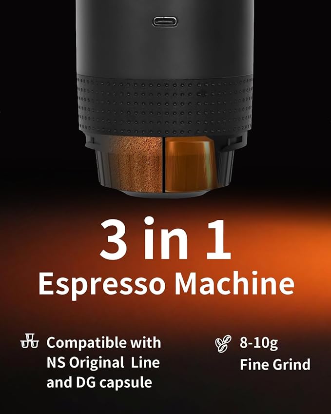 Portable Electric Espresso Machine, Travel Coffee Maker for Camping, Car, RV & Hiking, Self-Heating with Type-C, Compatible with Ground Coffee & NS Capsules, Black
