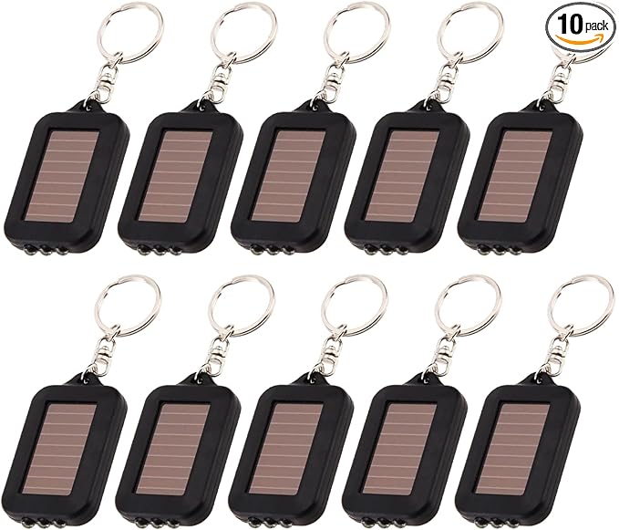 10 Pack Solar Mini Keychain Light Pocket Tiny LED Flashlight Rechargeable, Bright Small Flashlights Torch for EDC, Emergency, Power Outage,Camping, Party Favors (Black)