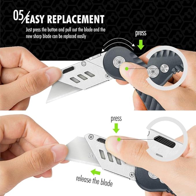FantastiCAR Folding Utility Knife, Quick Blade Change Box Cutter, Anti-slip Metal Body, with Safety Lock and 5 Extra Blades (Grey)