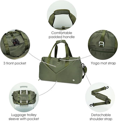 Ceneda 20" Gym Duffel Bag with Wet Pocket Shoes Compartment Portable Overnight Weekender Bag Travel bag Yoga Bag for Women (Green)