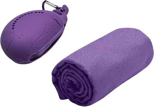 FANCAME Quick Dry Towel with Whale Silicone Sleeve Microfiber Sports Travel Towel Soft Breathable Cooling Towel Absorbent Compact Beach Towels,Suitable for Gym,Camping and Yoga (Purple, 11‘’x 31‘’)