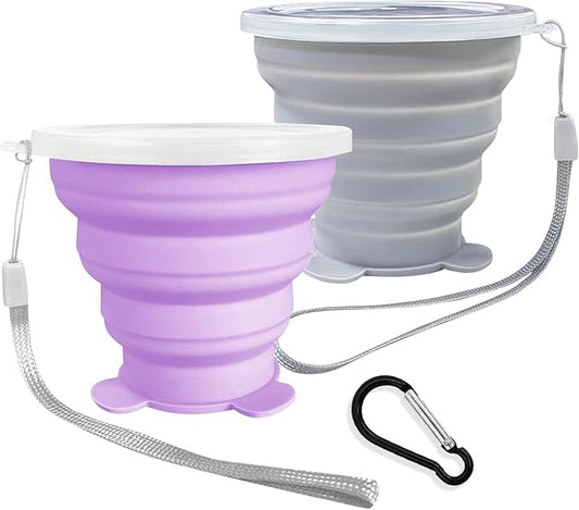 Collapsible Cups, Silicone Collapsible Travel Cup, Expandable Folding Camping Drinking Cup with Lids Reusable Small Portable Mugs Cup for Travel, Camping, Hiking, Beach, Outdoor Sports 180ML+180ML