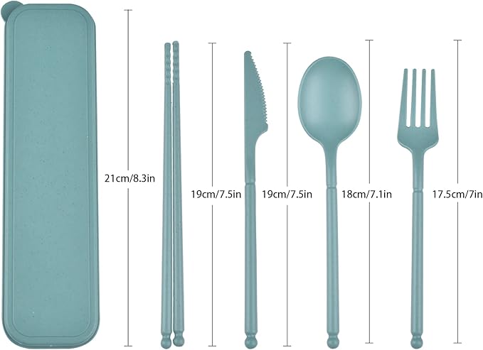 Camping Utensil Set, Reusable Utensils Set with Case, Plastic Cutlery Set Forks Spoon Tableware Chopsticks, Portable Cutlery Set for Travel Picnic Camping or Daily Use (Dark Green)