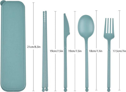 Camping Utensil Set, Reusable Utensils Set with Case, Plastic Cutlery Set Forks Spoon Tableware Chopsticks, Portable Cutlery Set for Travel Picnic Camping or Daily Use (Dark Green)