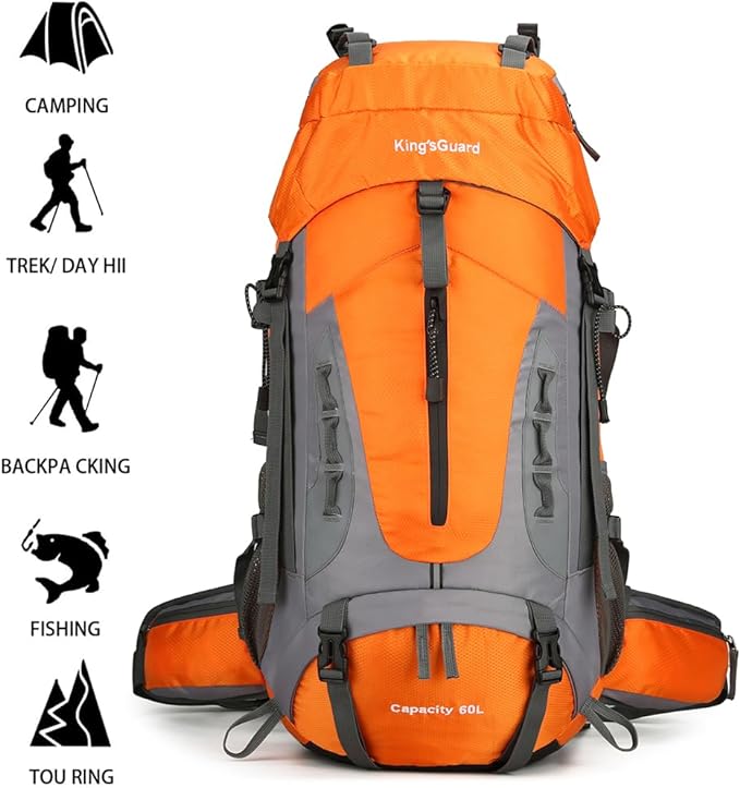 King'sGuard 60L Hiking Backpack Men Women Camping Backpack Waterproof Backpacking Mountaineering Climbing Daypack with Rain Cover (Orange)