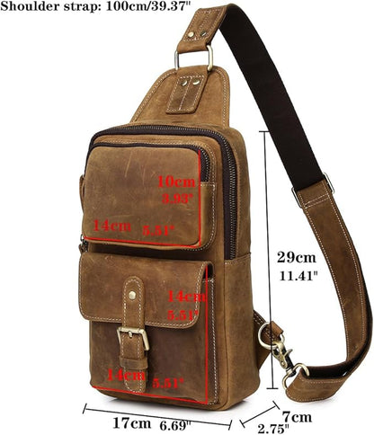 KPYWZER Sling Bag Men Women Vintage Full Grain Genuine Leather Shoulder Backpack Satchel Chest Casual Daypack Crossbody Outdoor Day Pack Backpacks Brown