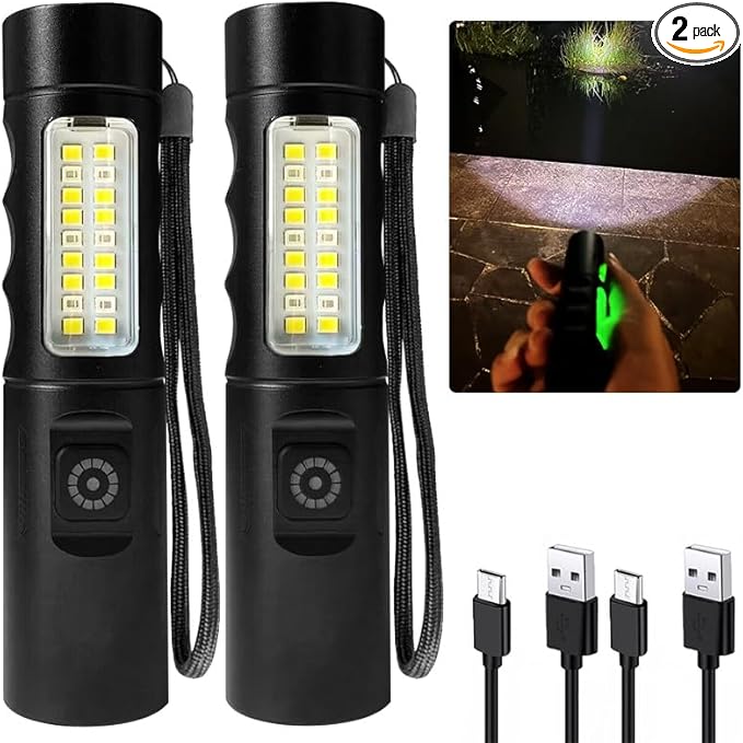 LED Flashlight high Lumen Rechargeable-Compact and Bright, with 3 Modes, Zoom-Waterproof Strong Mini Flash for Outdoor Camping, Walking, Emergency (2 Pieces)