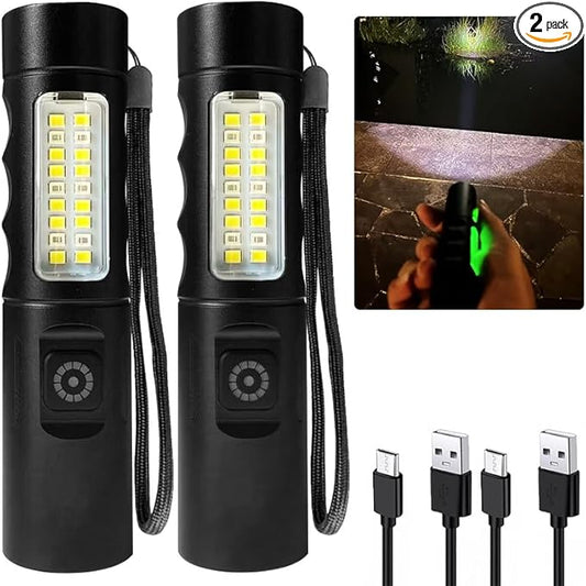 LED Flashlight high Lumen Rechargeable-Compact and Bright, with 3 Modes, Zoom-Waterproof Strong Mini Flash for Outdoor Camping, Walking, Emergency (2 Pieces)