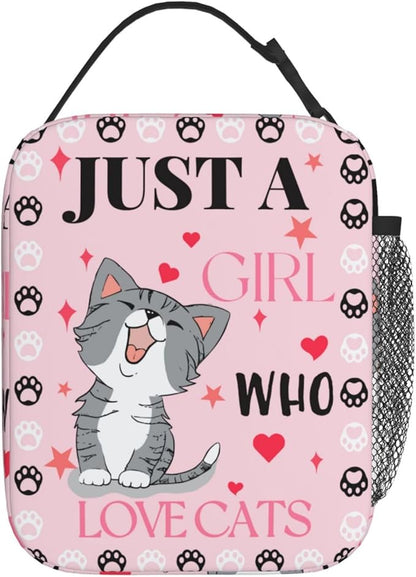 Cute Cat Pink Lunch Bag Large Capacity Heat Insulated Lunch Box, Just A Girl Who Loves Cats Leakproof Durable Portable Reusable Handbags Thermal Cooler Tote Bag for School