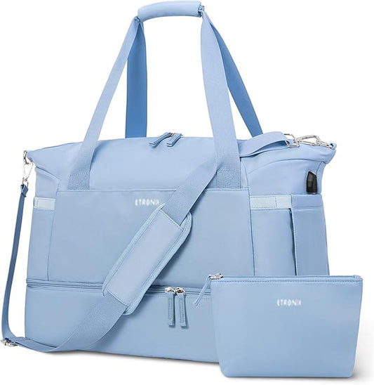 ETRONIK Gym Bag for Women, Personal Item Travel Bag with Shoes Compartment, Weekender Overnight Duffel Bag with Wet Pocket & USB Charging Port, Carry On Bag for Women, Travel, Gym, Weekend (Blue)
