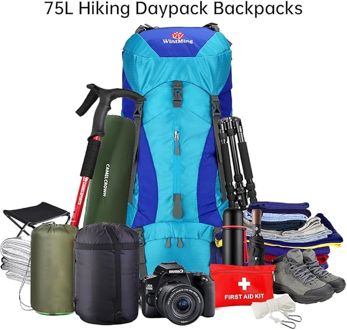 King'sGuard Hiking Backpack for Men and Women 70L+5L Waterproof Lightweight Camping Daypack with Rain Cover for Outdoor Travel Mountaineering - Frameless (Blue)