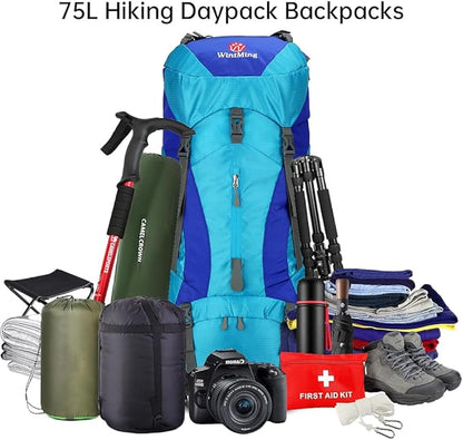 King'sGuard Hiking Backpack for Men and Women 70L+5L Waterproof Lightweight Camping Daypack with Rain Cover for Outdoor Travel Mountaineering - Frameless (Blue)