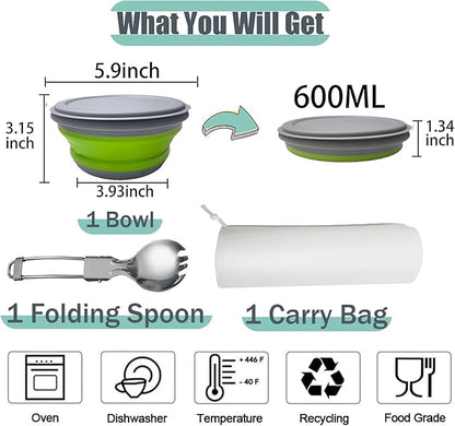 RMAMSCOV Camping Bowl, 3 PCS Food Grade Silicone Collapsible Bowl Lunch Box Salad Bowl with Lid, Expandable Food Storage Containers Set with Free folding tableware and storage bag (Green-600ml)