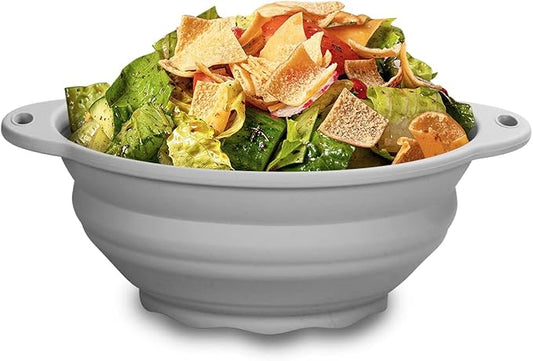 Collapsible Silicone Salad Bowl 64oz Camping Bowl Outdoor Hiking Travel Durable Bowl for Storage and Mixing Food-Grade Silicone Food Storage Container 1 Pack (Grey)