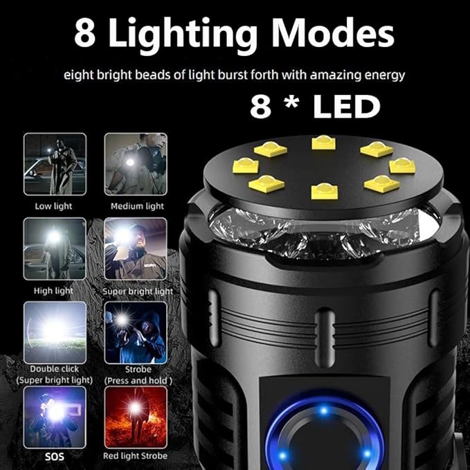 ALONEFIRE X68 Mini LED Flashlight Type C USB Rechargeable Bright 8 LED Light Source Small Torch 8 Modes Waterproof Long Battery Life with Tail Magnet, Clip, Battery for Outdoor, EDC Carry, Hiking