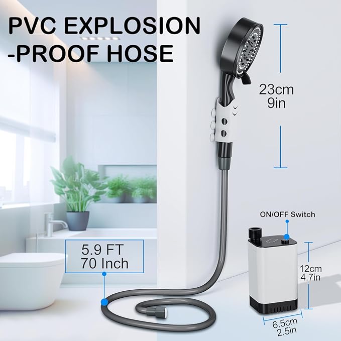 SoulBay Portable Shower with Pump for Camping Outdoor, Electric Rechargeable 5200mAh Battery Camp Shower with Adjustable Showerhead and Long Hose for Camper Sailor Traveler Shower Tent