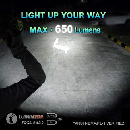 LUMINTOP Tool AA2.0 Nichia EDC Flashlight, High Color Redering Index Ra 93 219CT LED Flashlight 650 Lumens, 5 Modes with Mode Memory, Waterproof Torch for Working, Emergency