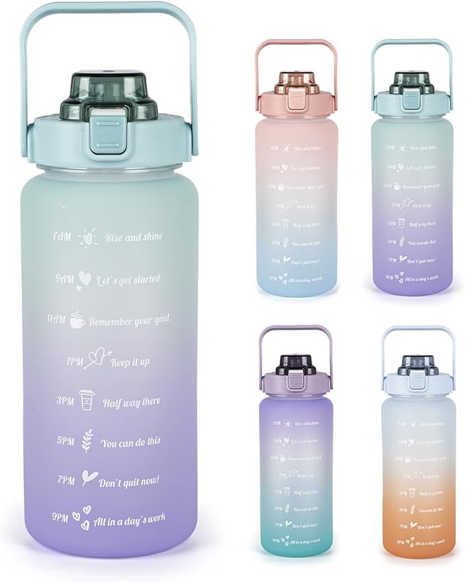 64oz Half Gallon Water Bottle With Sleeve, Water Bottles with Time Marker/Straw/Chug One Lids, Leakproof Tritan BPA Free Reusable Water Jug Easy Carry for Adult and Kids Gym Sports Outdoors