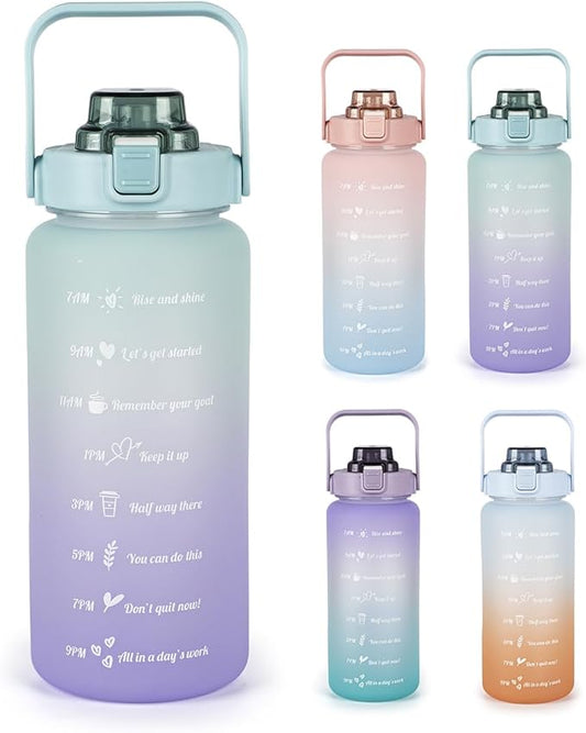 64oz Half Gallon Water Bottle With Sleeve, Water Bottles with Time Marker/Straw/Chug One Lids, Leakproof Tritan BPA Free Reusable Water Jug Easy Carry for Adult and Kids Gym Sports Outdoors