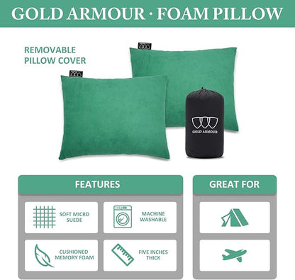 Gold Armour Camping Pillow Memory Foam - Compact Compressible Backpacking, Hammock, and Travel Pillows for Kids and Adults - Essential Outdoor & Camping Gear (Medium 14x18in, Seafoam)