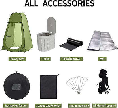 Portable Toilet and Privacy Tent for Adults, Pop Up Potty Tent Outdoor Portable Toilet for Camping with 15 Toilet Bags, Mat, Pop-up Tent for Toilet, Travel, Changing