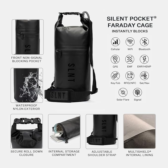SLNT Waterproof Faraday Dry Bag - Military-Grade Nylon 5 Liter Faraday Bag - RFID Signal Blocking Dry Bag/Waterproof Backpack Protects Electronics from Water, Spying, Hacking