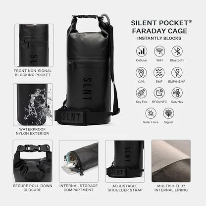 SLNT Waterproof Faraday Dry Bag - Military-Grade Nylon 5 Liter Faraday Bag - RFID Signal Blocking Dry Bag/Waterproof Backpack Protects Electronics from Water, Spying, Hacking