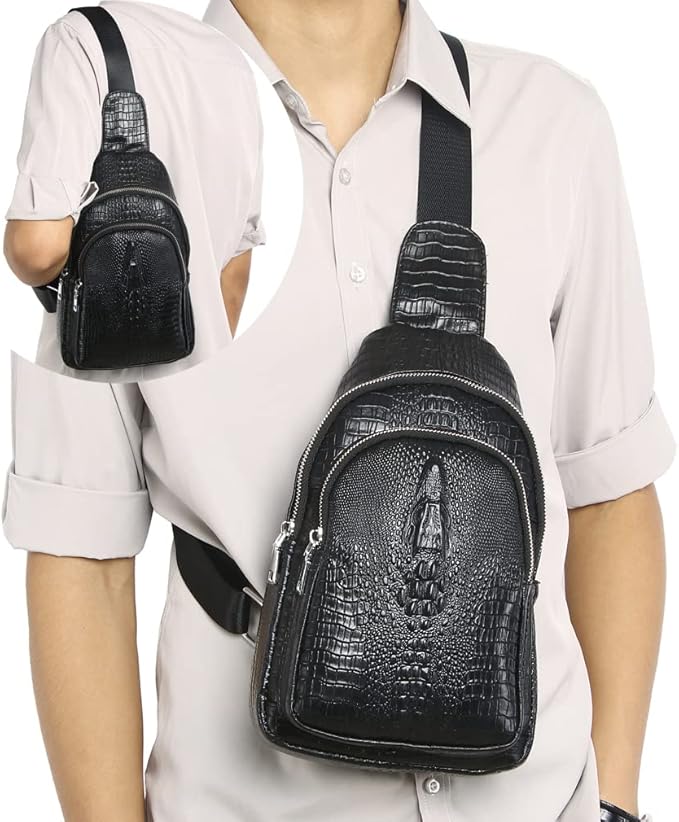 KPYWZER Genuine Leather Sling Bag Backpack for Men Crocodile Embossing Chest Bag Crossbody Shoulder Bag Daypack Black