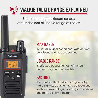 Cobra RX380 2-Pack Walkie Talkies & Compatible Cobra GA-SV01 2P Surveillance Headset Microphones: Rechargeable, 40 Preset Channels, Long Range 32-Mile Two-Way Radio Set, Black