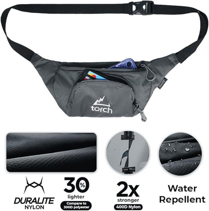 TORCH Belt Bag for Men - Fanny Pack Men Women with Compass Survival, Small Lightweight Hip Pack for Gym, Running, Hiking, Biking, Dog Walking - Vallejo (Grey)
