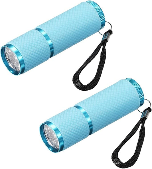 PATIKIL 9 LED Glow in Dark Flashlights, 2 Pcs Mini Aluminum Flashlight Rubber Coated Flashlight with Strap for Camping, Hiking, Party, Blue