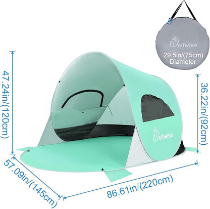 WolfWise UPF 50+ Easy Pop Up 3-4 Person Beach Tent Sport Umbrella Instant Sun Shelter Tent Sun Shade Canopy, Mint Green
