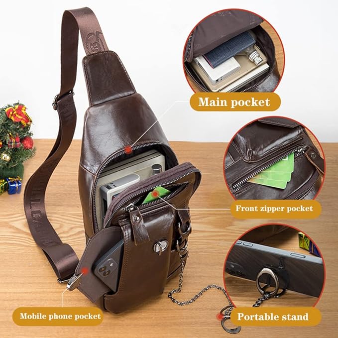 KPYWZER Vintage Genuine Leather Sling Bag Backpack for Men Crossbody with Cellphone Stand Chain Chest Shoulder Crossbody Daypack Coffee