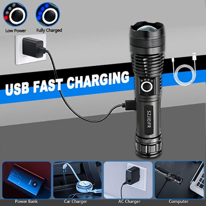 Rechargeable LED Flashlight, 5 Lighting Modes, USB Fast Charging, Drop Resistant, Long Battery Life, Waterproof