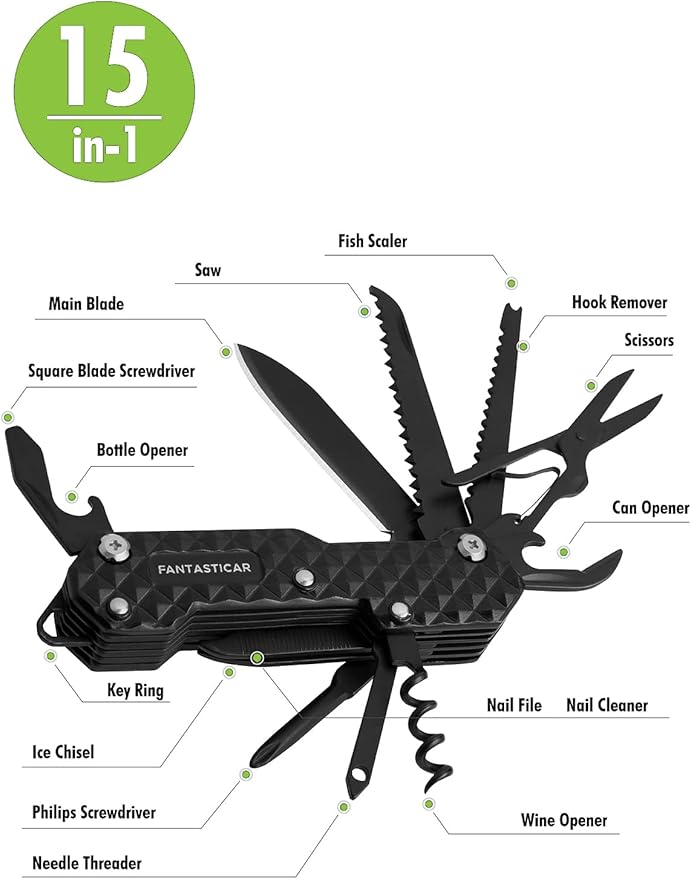 FantastiCAR 15 in 1 Multi-Tool, EDC Folding Pocket Knife with Premium Gift Box for Camping, Fishing, Hunting, Survival, Outdoor (Black)