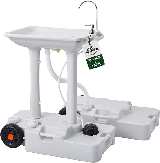 Hike Crew XL Portable Camping Sink & Waste Tank | Extra Large Hand Washing Station with 8 Gal Capacity, Hands-Free Foot Pump, Faucet, Soap Dispenser & Towel Rack | Includes 10 Gal Travel Waste Tank