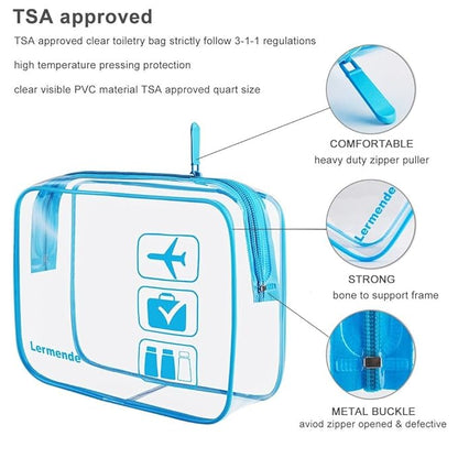 Lermende 2pcs Clear Toiletry Bag TSA Approved Travel Bag,Carry On for Travel,Airport Airline Accessories Compliant Bag,Quart Sized Makeup Cosmetic bag Women Men (Blue, 2 Pack)