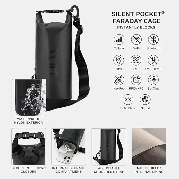 Silent Pocket SLNT Waterproof Faraday Dry Bag Military-Grade Nylon 2.5 Liter Faraday Bag - RFID Signal Blocking Dry Bag/Waterproof Backpack Protects Electronics from Water, Spying, Hacking