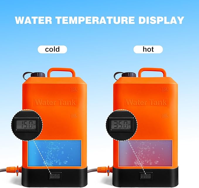 Portable Outdoor Shower, 4.5 Gallon Silicone Water Tank, Battery Powered and with Temperature Display, Solar Heating, Easy to Carry, Emergency Water in The car, Very Suitable for Camping, Beach
