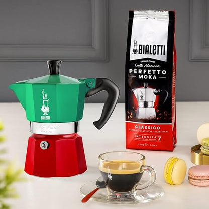Bialetti - Moka Express Italia Collection: Iconic Stovetop Espresso Maker, Makes Real Italian Coffee, Moka Pot 3 Cups (4.3 Oz - 130 Ml), Aluminium, Colored in Red Green Silver
