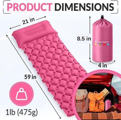 Kids Sleeping Pad for Camping and Sleepovers with Pillow, Inflatable Camping Mattress for Backpacking & Travel, Thick Toddler Cot Mat, Fast Inflating Camping Sleeping Pads for Kids