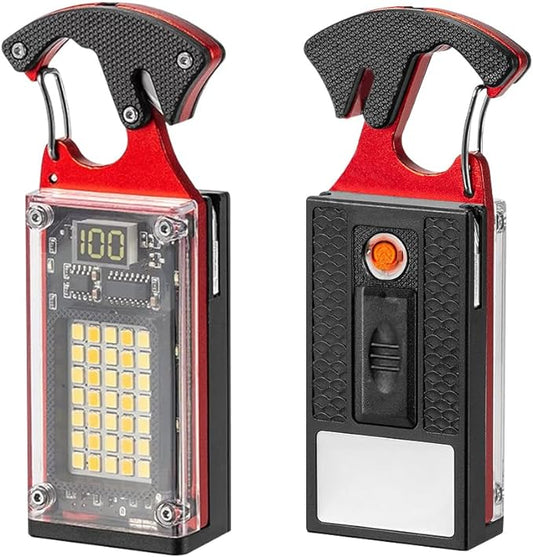 LED Multitool Small Flashlight, Keychain Light, COB Multi-Function Mini Work Light, 1000 Lumens Rechargeable, 8 Lighting Modes, Fire Starter, Seat Belt Cutter, Screwdriver, Red