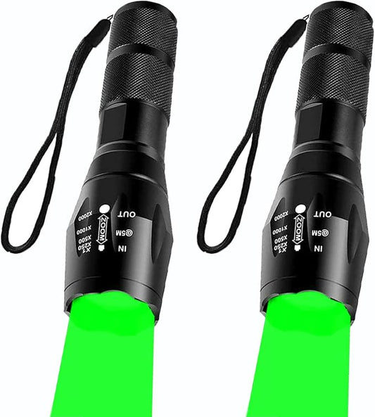 2 Pack Tactical Green Light Flashlight Single Modes Zoomable LED Hunting Light for Night Vision