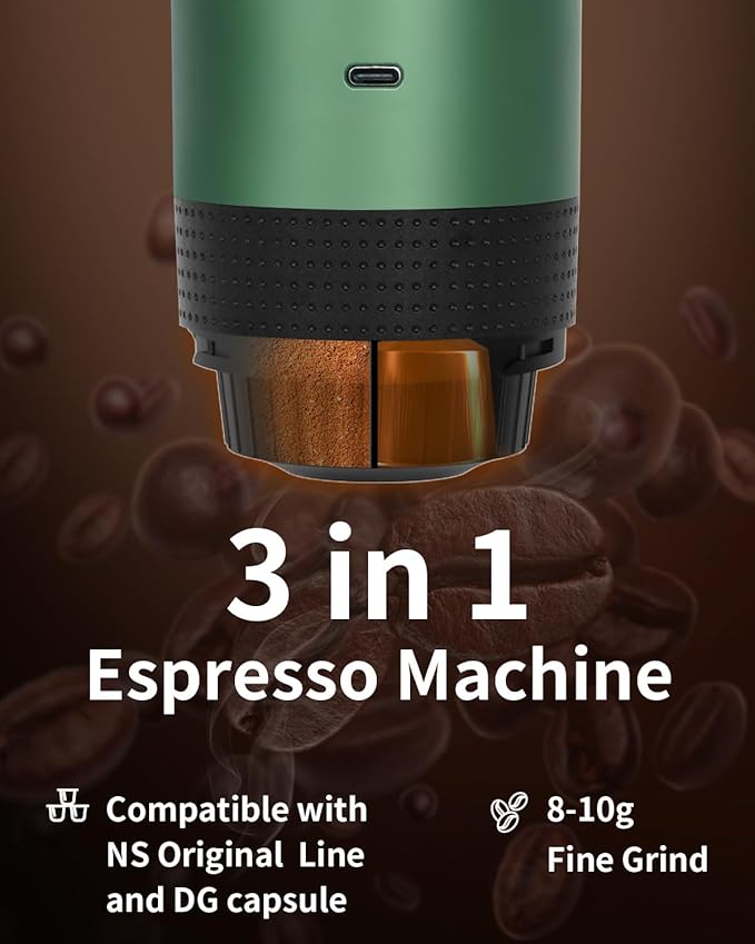 Portable Electric Espresso Machine, Travel Coffee Maker for Camping, Car, RV & Hiking, Self-Heating with Type-C, Compatible with Ground Coffee & NS Capsules, Green